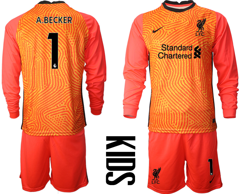 2021 Liverpool red goalkeeper long sleeve Youth #1 soccer jerseys